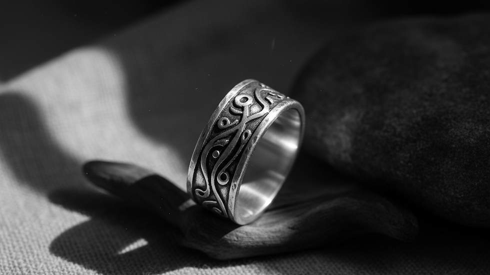 Close-up view of a unique handmade silver ring with intricate engravings