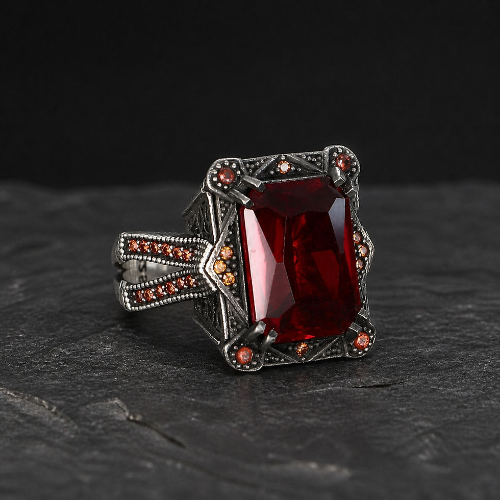 サムネイル： Red Zircon Geometric Sterling Silver Men's Ring alternate view on a dark textured surface
