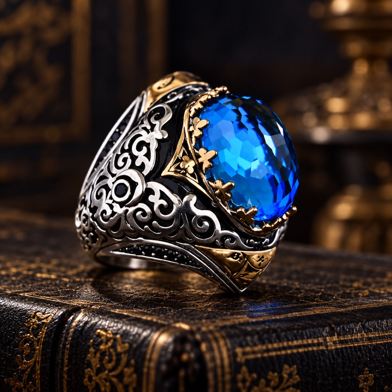 Reng-i Ala aquamarine sterling silver men's ring on a black leather book