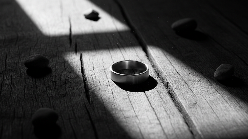 Eye-level view of a minimalist silver ring on a wooden surface