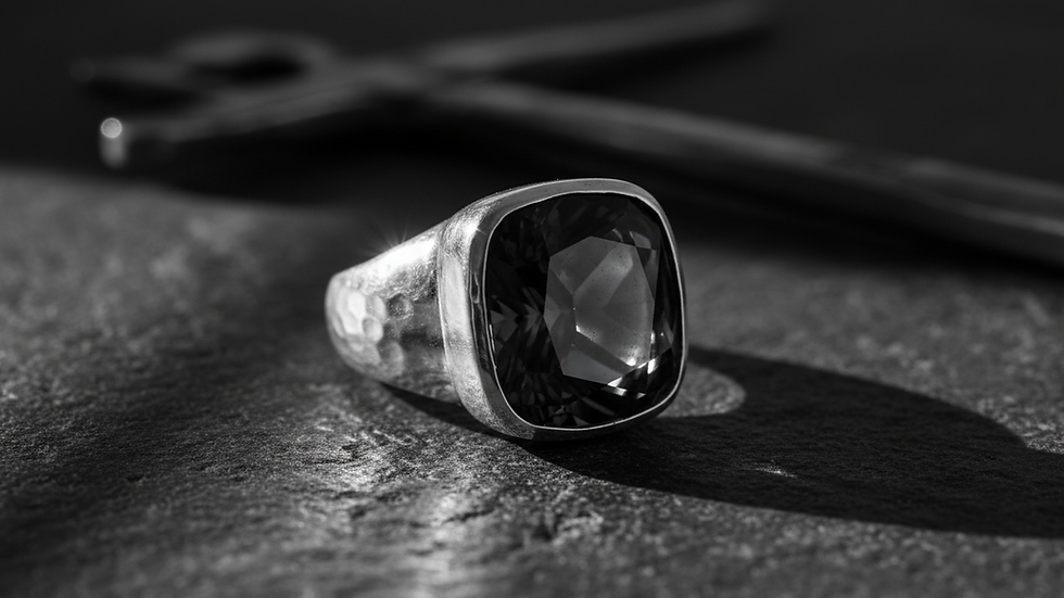 Close-up view of a men's silver ring with a deep blue sapphire gemstone