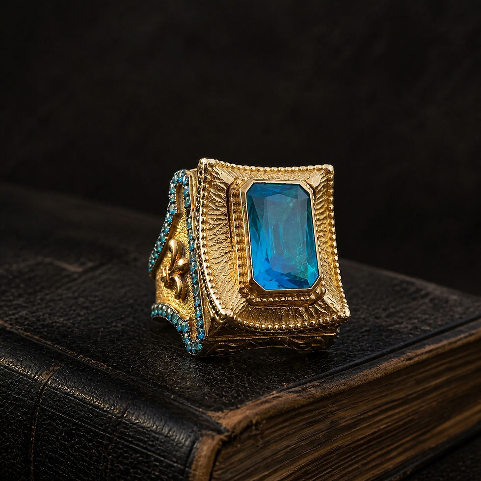 サムネイル： Turquoise Blue Stone Gold Plated Sterling Silver Men's Ring on a black leather antique book