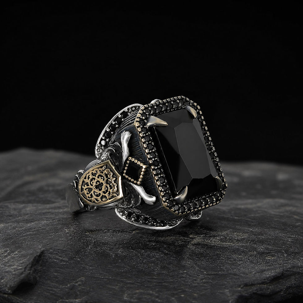 サムネイル： Black Zircon Patterned Sterling Silver Men's Ring on a dark slate surface