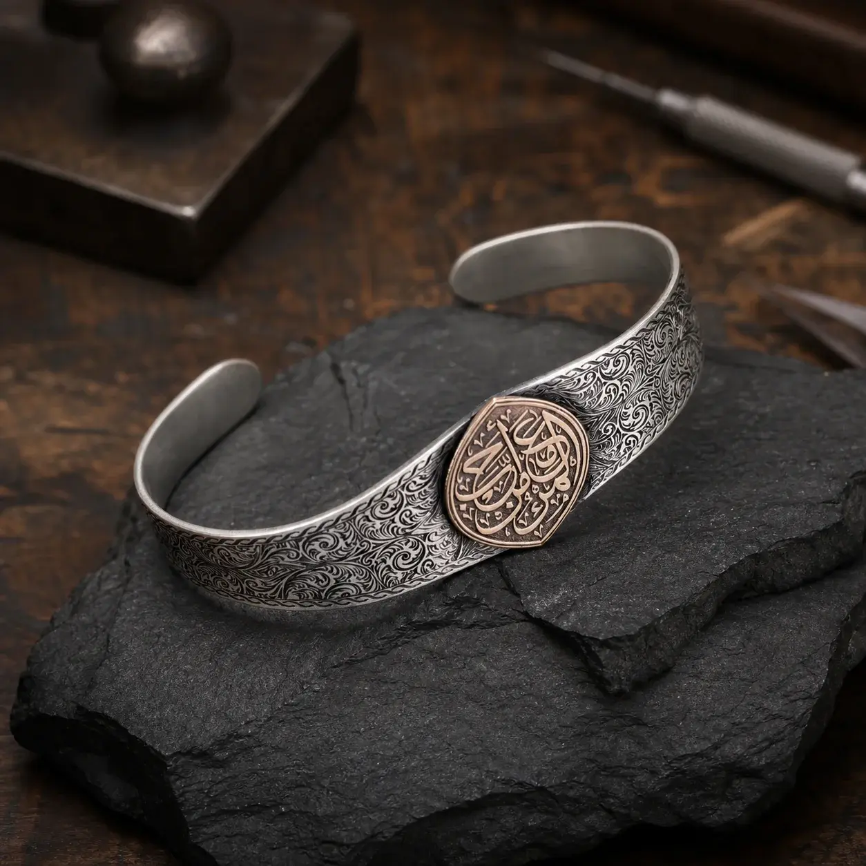 Arabic Calligraphy Engraved Silver Cuff Bracelet for Men