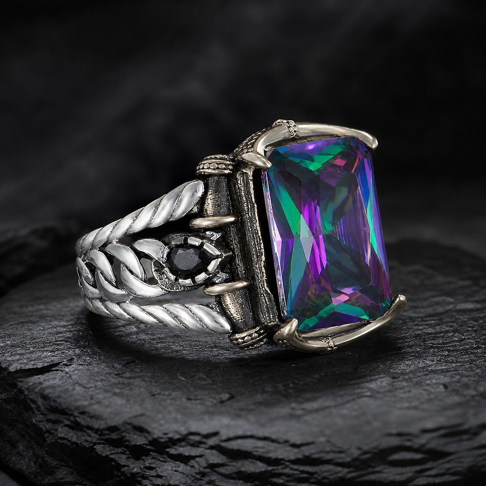 サムネイル： Mystic Topaz Braided Sterling Silver Men's Ring alternate view on a dark textured surface