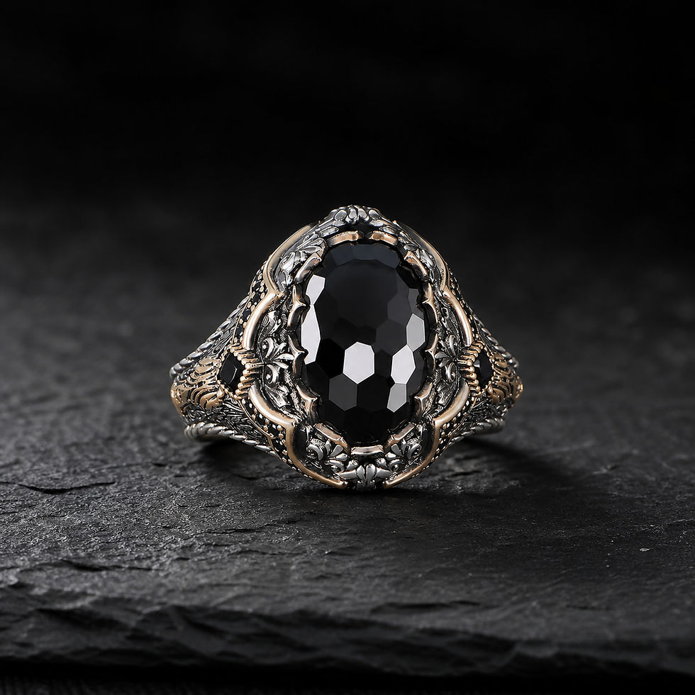 サムネイル： Hand Engraved Black Zircon Men's Silver Ring on a dark slate surface