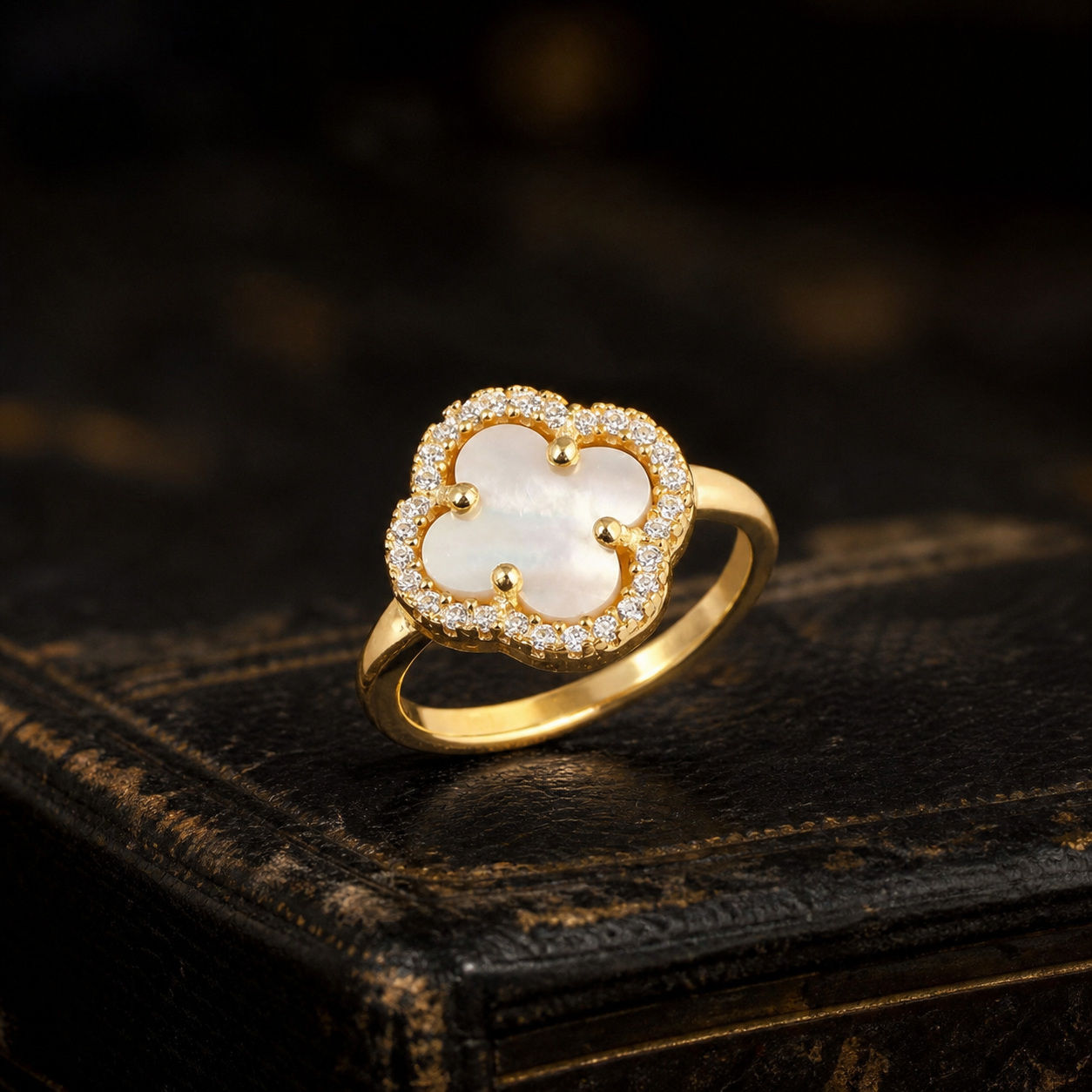 Women's Mother of Pearl Clover Zircon Halo Gold Tone Ring