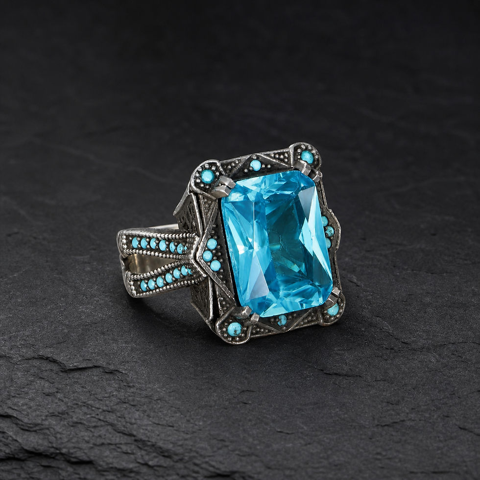 サムネイル： Blue Topaz Geometric Sterling Silver Men's Ring alternate view on a dark textured surface