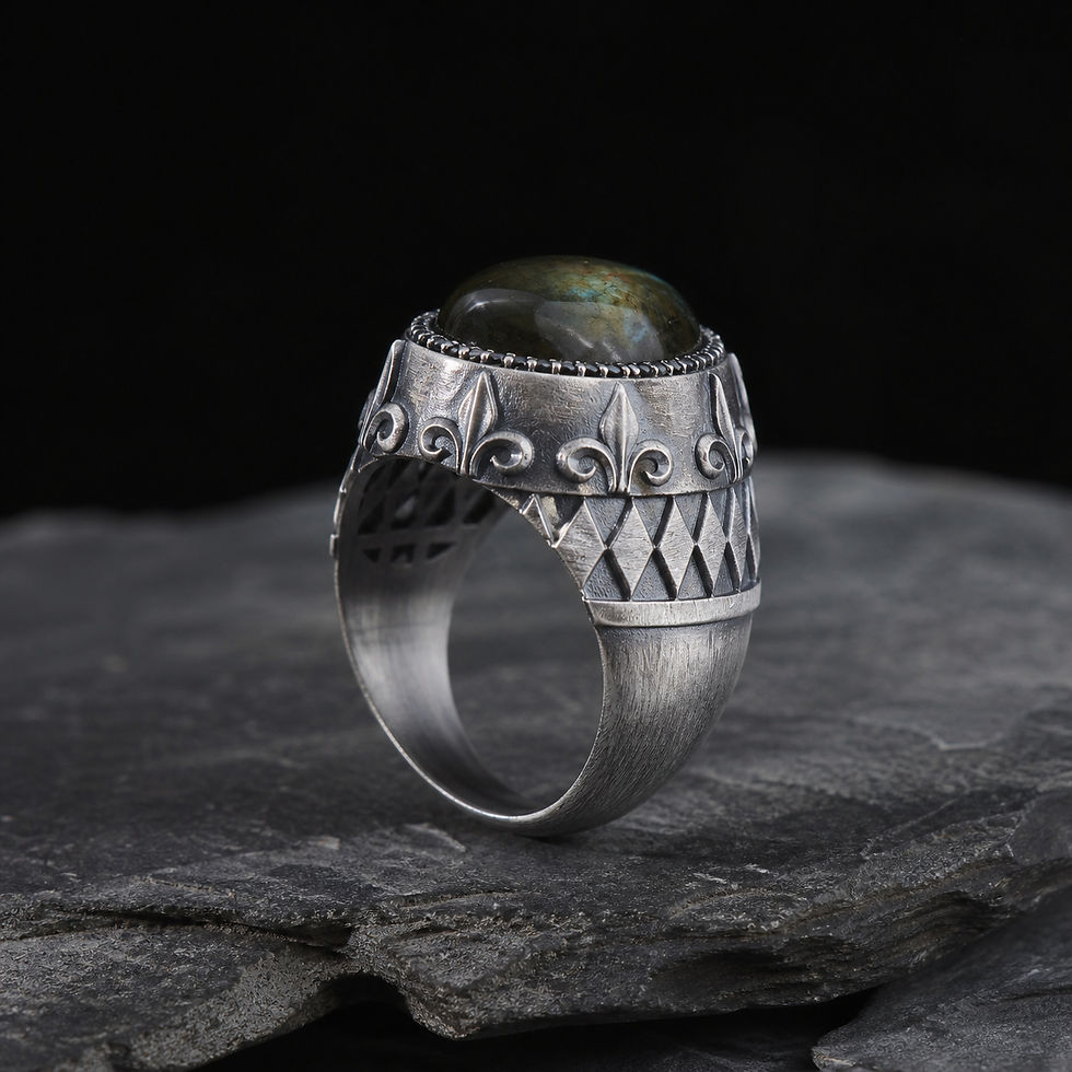 サムネイル： Natural Labradorite Geometric Sterling Silver Men's Ring rear side view on dark charcoal slate