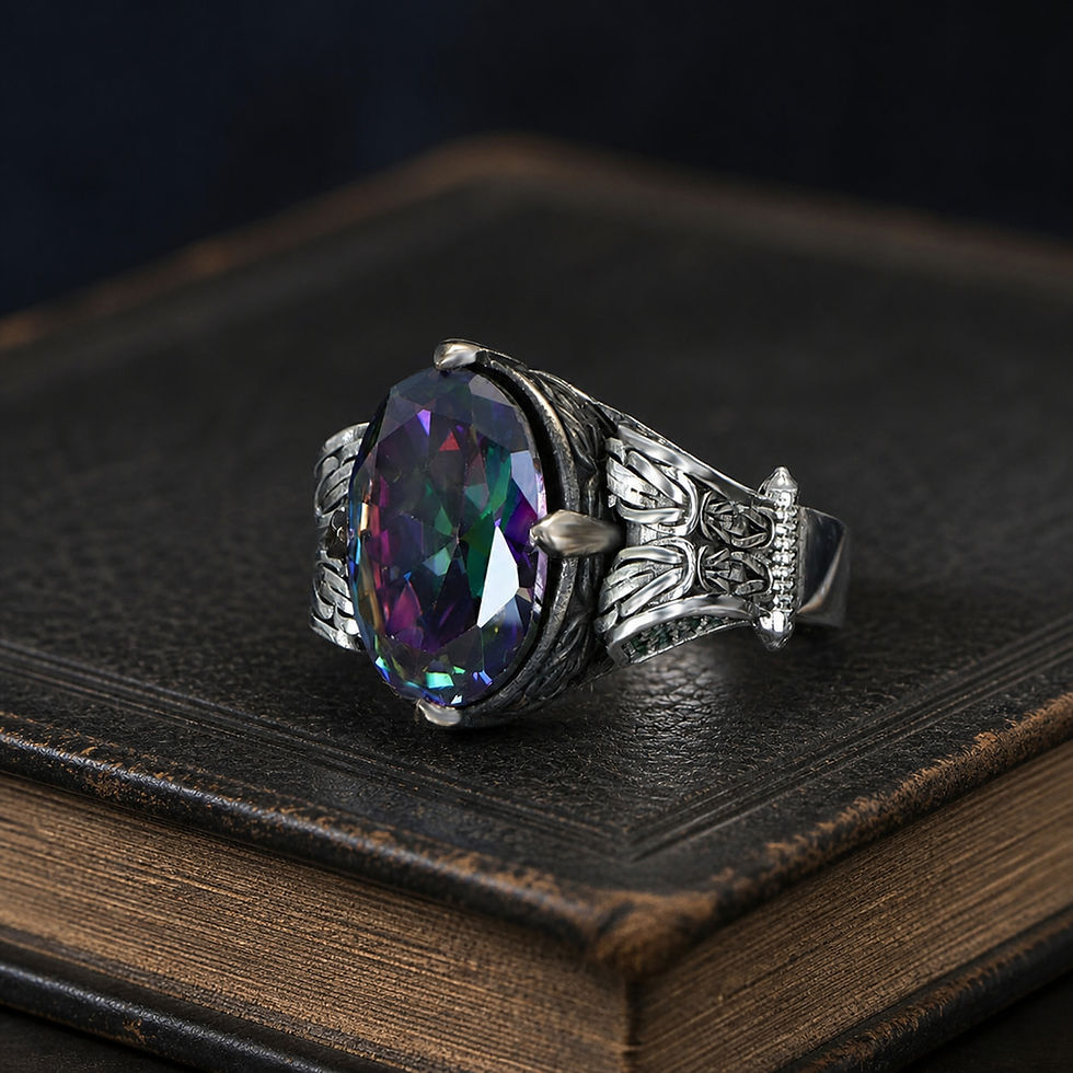 Mystic Topaz Chain Motif Sterling Silver Men's Ring displayed on a black leather antique book