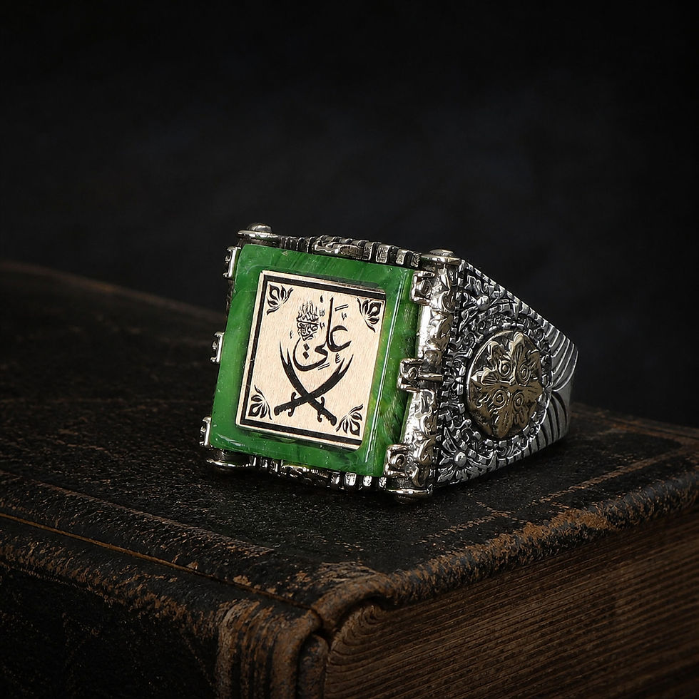 Zulfiqar Sword Amber Sterling Silver Men's Ring on a black leather book
