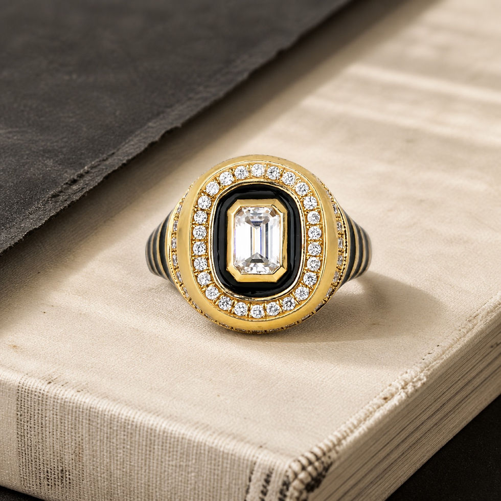Nocturne emerald cut moissanite diamond ring on a book.