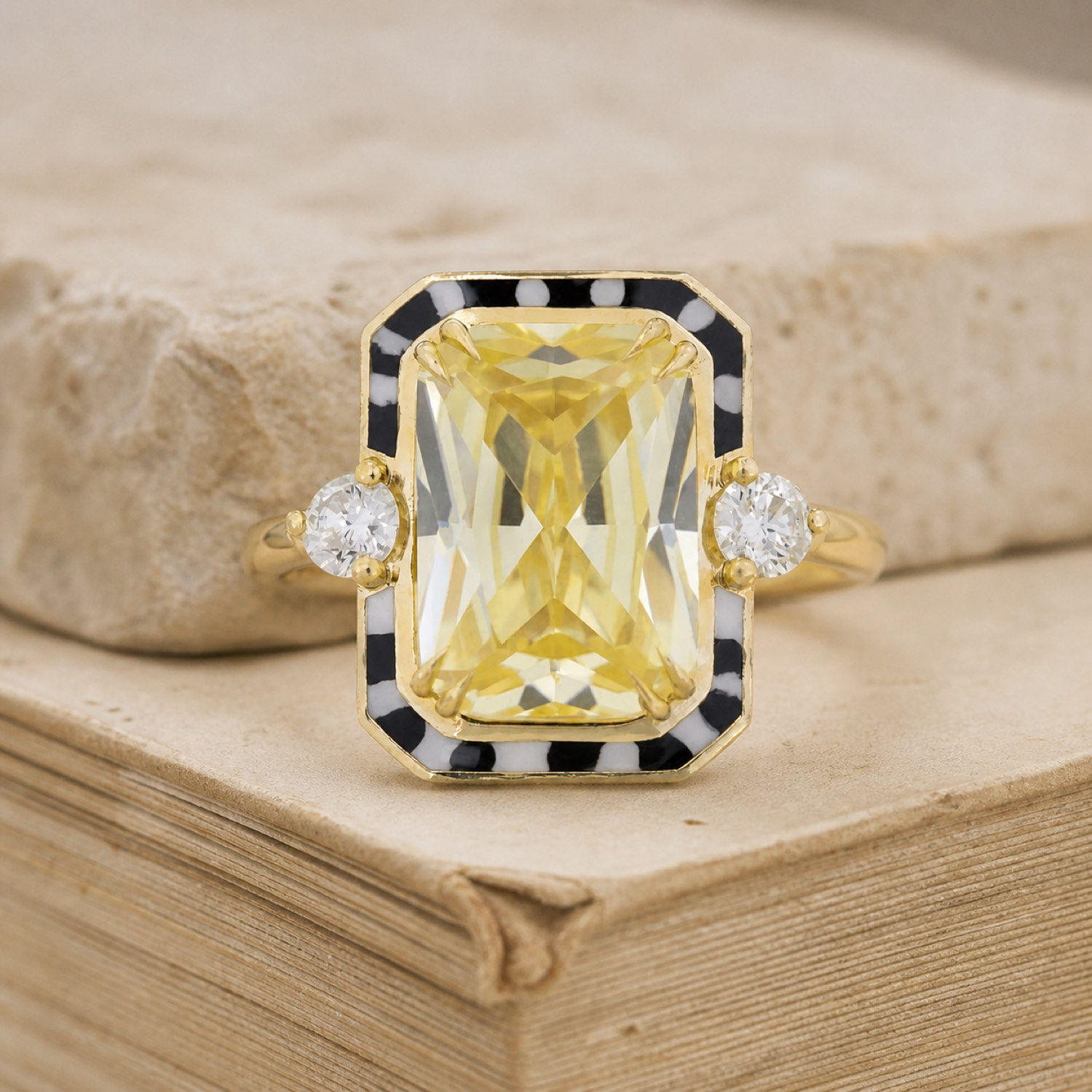 Yellow moissanite diamond enamel ring with mosaic halo.