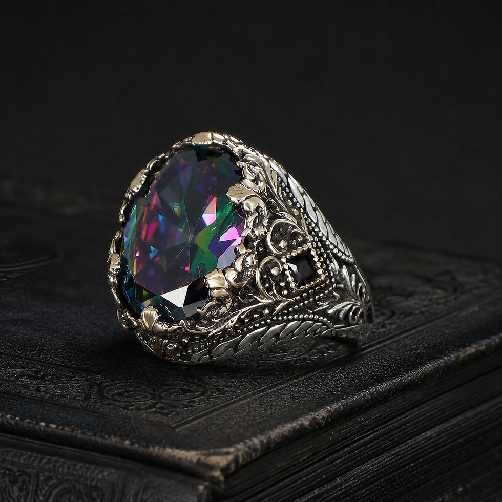 サムネイル： Mystic Topaz Wing Sterling Silver Men's Ring on a black leather book