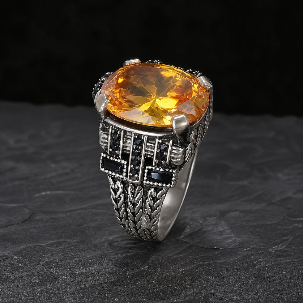サムネイル： Citrine Geometric Chain Sterling Silver Men's Ring alternate view on a dark textured surface
