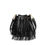 Thumbnail: Stylish and trendy black faux leather fringed bucket bag.
