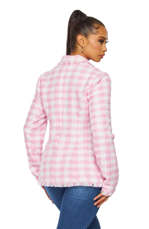 Back view of women wearing preppy pink tweed blazer