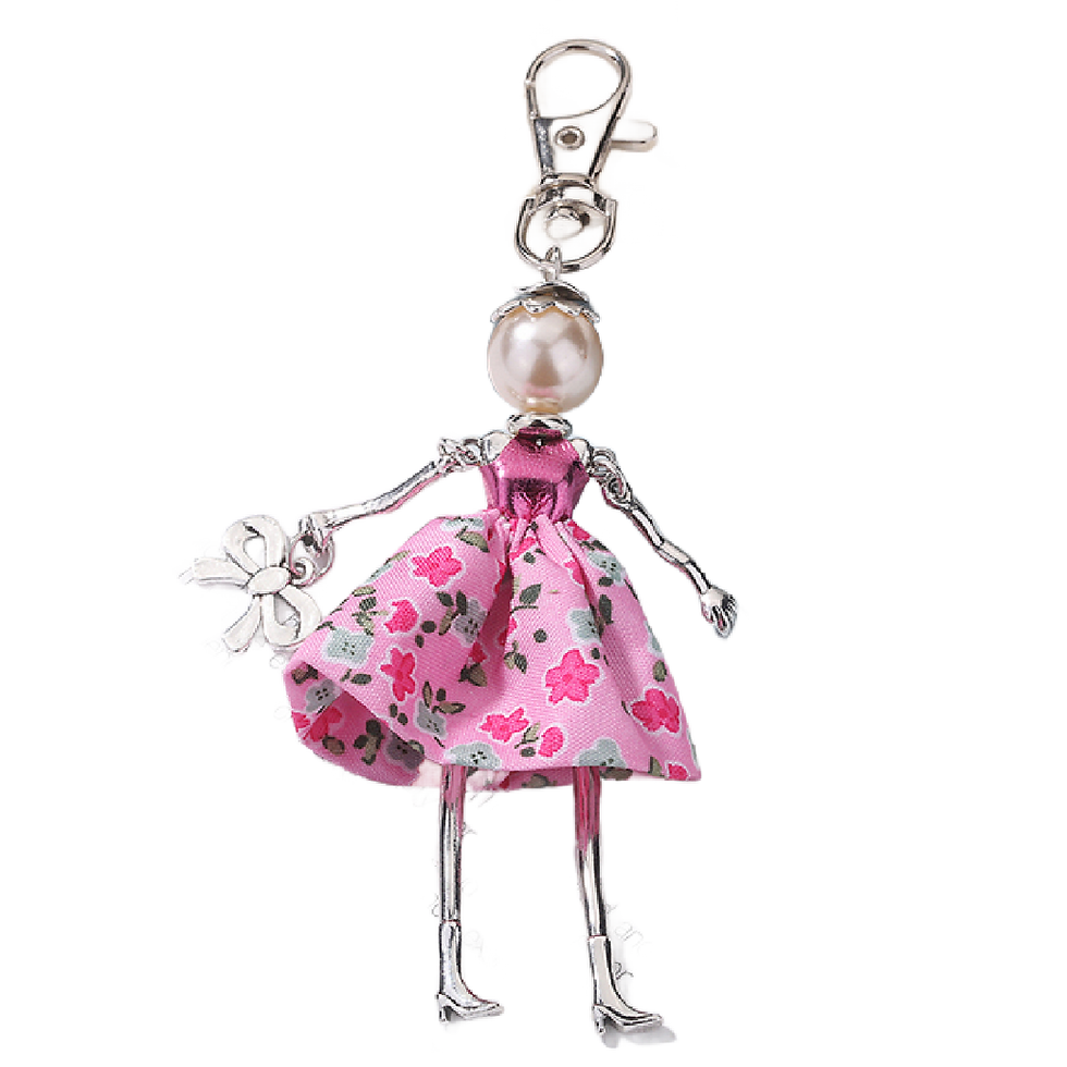 Thumbnail: Hand crafted purse charm with pink floral print skirt and dangling silver-tone charm,
