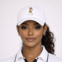 Model wearing a white Golf Girl Glam Insignia cap styled with a modern golf polo by Golf Girl Glam.