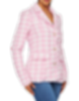 Side view of model in pink tweed blazer