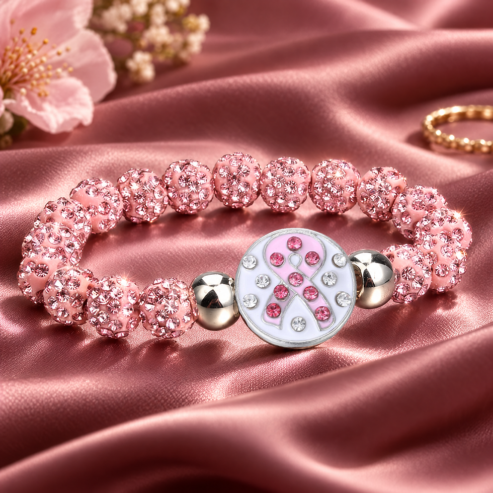 Close-up of a breast cancer awareness snap bracelet featuring a pink ribbon rhinestone button detail.