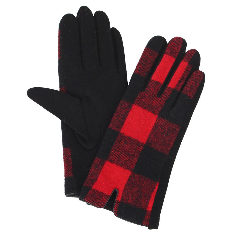 Buffalo plaid smart gloves shown in black and red.