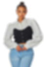 Model wearing button black and white button-up knit sweater blouse with jeans