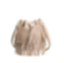 Fringed faux leather bucket bag shown in nude color.