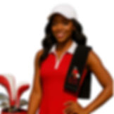 Beautiful female golfer holding Golf Girl Glam's embroidered Signature Sisterhood in red and white.