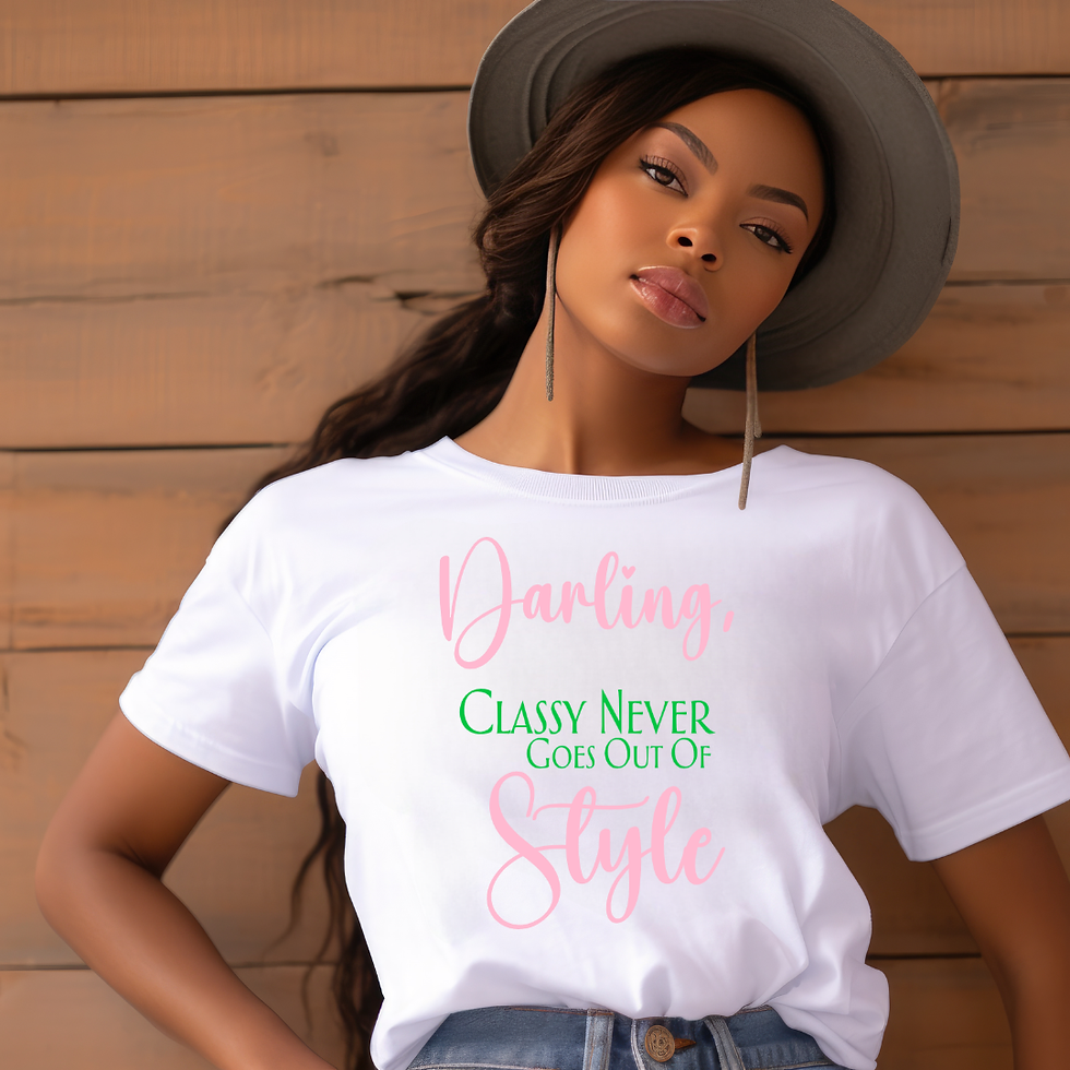 Close-up view of model wearing The Darling t-shirt by Purse Swag Boutique.