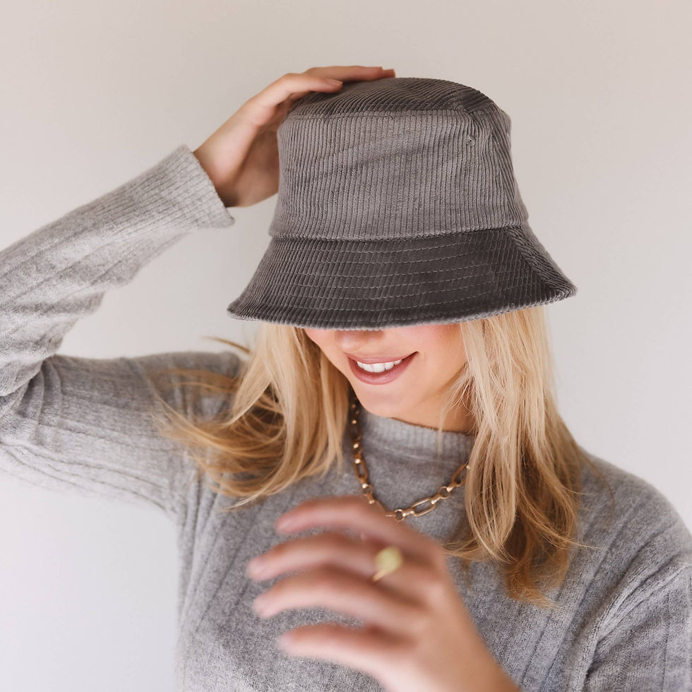 Women wearing corduroy bucket hat shown in gray
