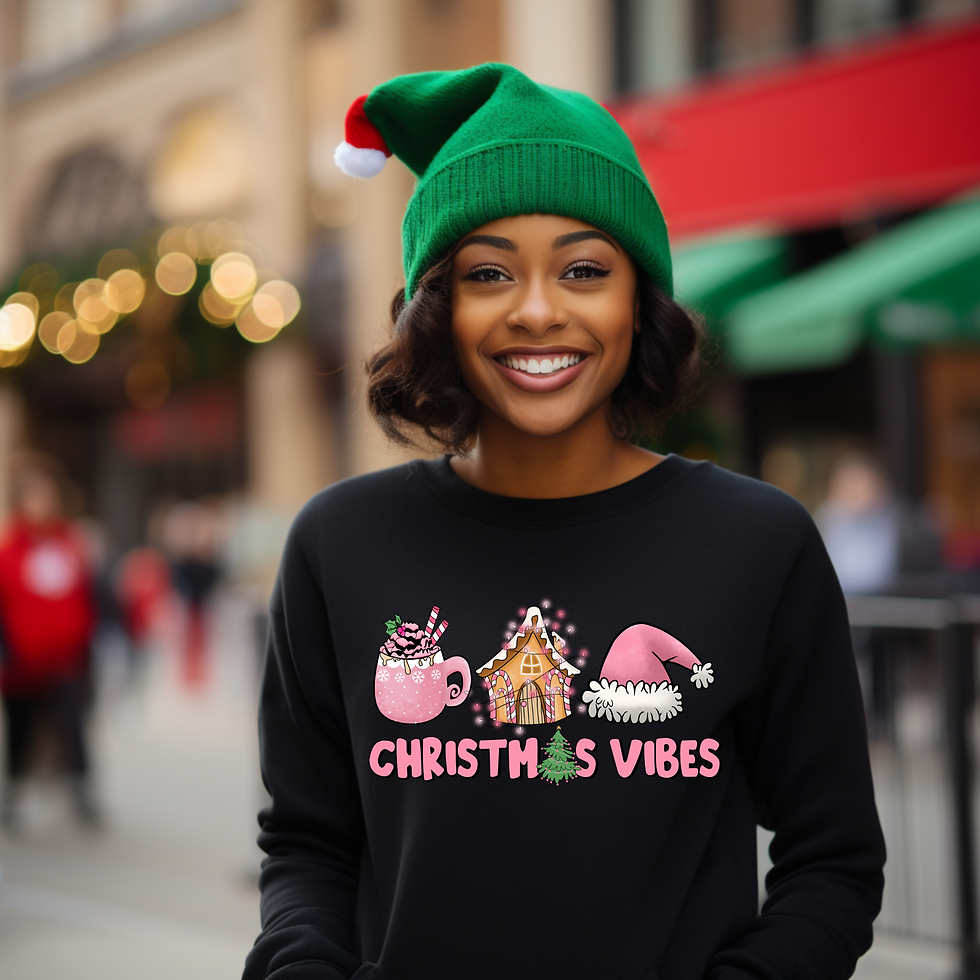 Thumbnail: Beautiful model wearing a festive holiday hat and Christmas Vibes black sweatshirt.