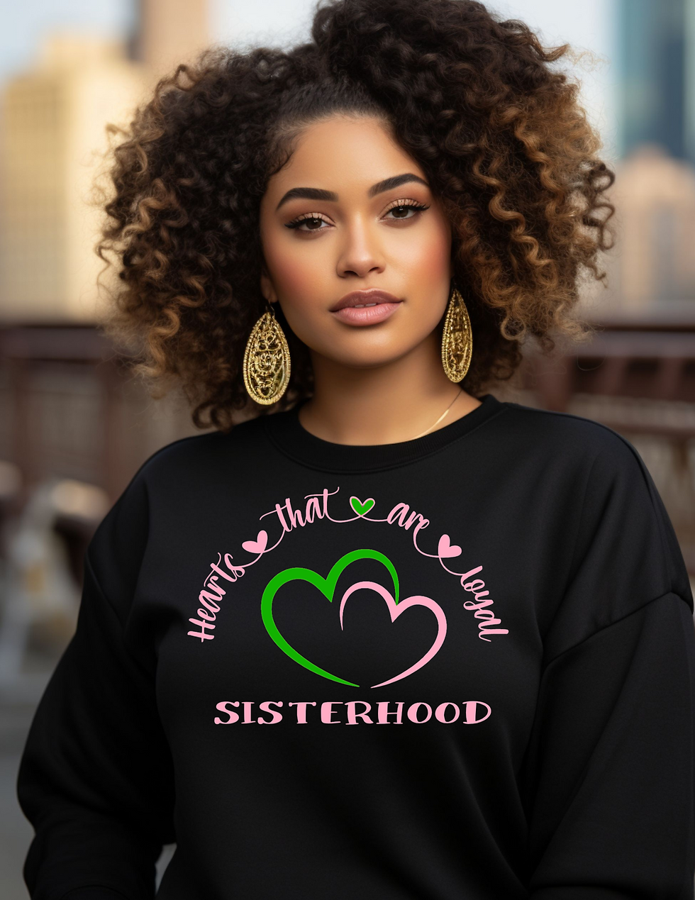 Stunning black sisterhood sweatshirt with pink and green delicate heart accents.