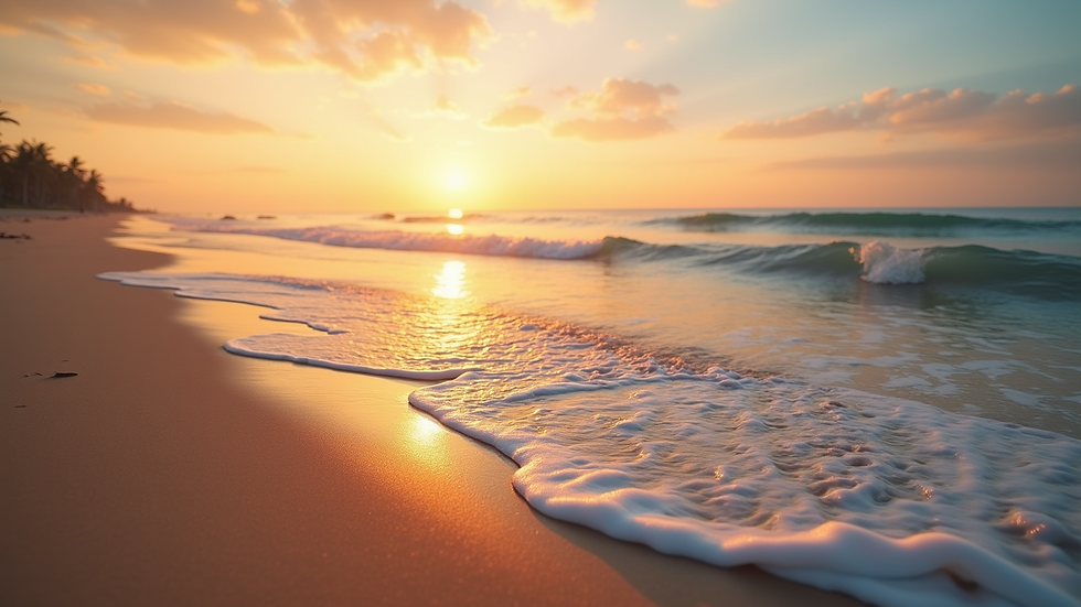 Wide angle view of a serene beach at sunset with calm waves