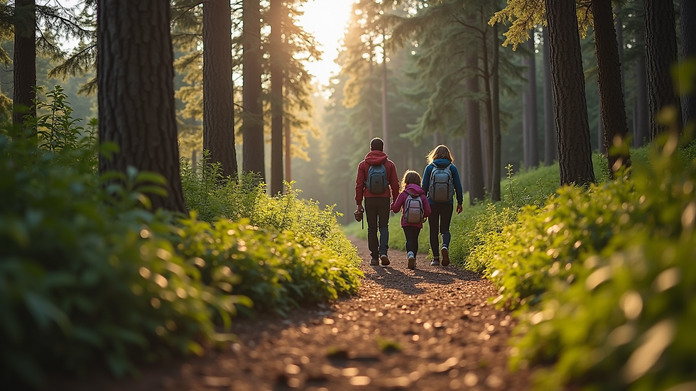 Eye-level view of a family hiking on a forest trail