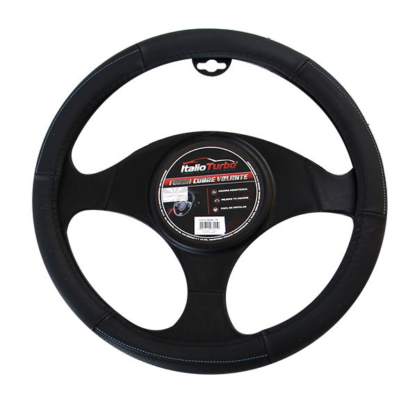 FUNDA DE VOLANTE M 38cm PIEL GENUINA NEGRA AZUL
