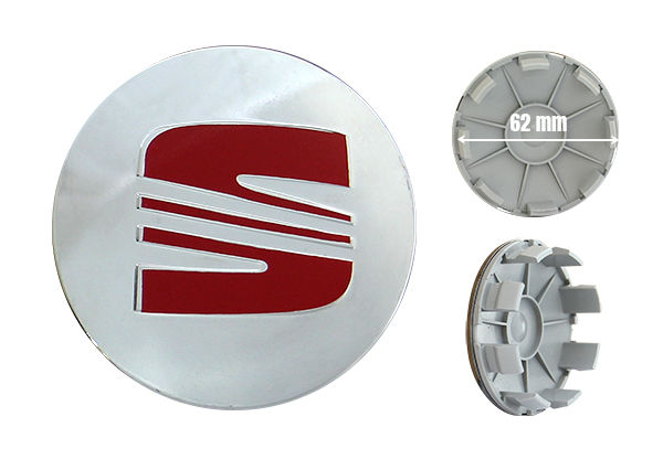 CENTRO DE RIN 62 mm. SEAT BOLSA CON 4 PZAS CROMO  ROJO MPL