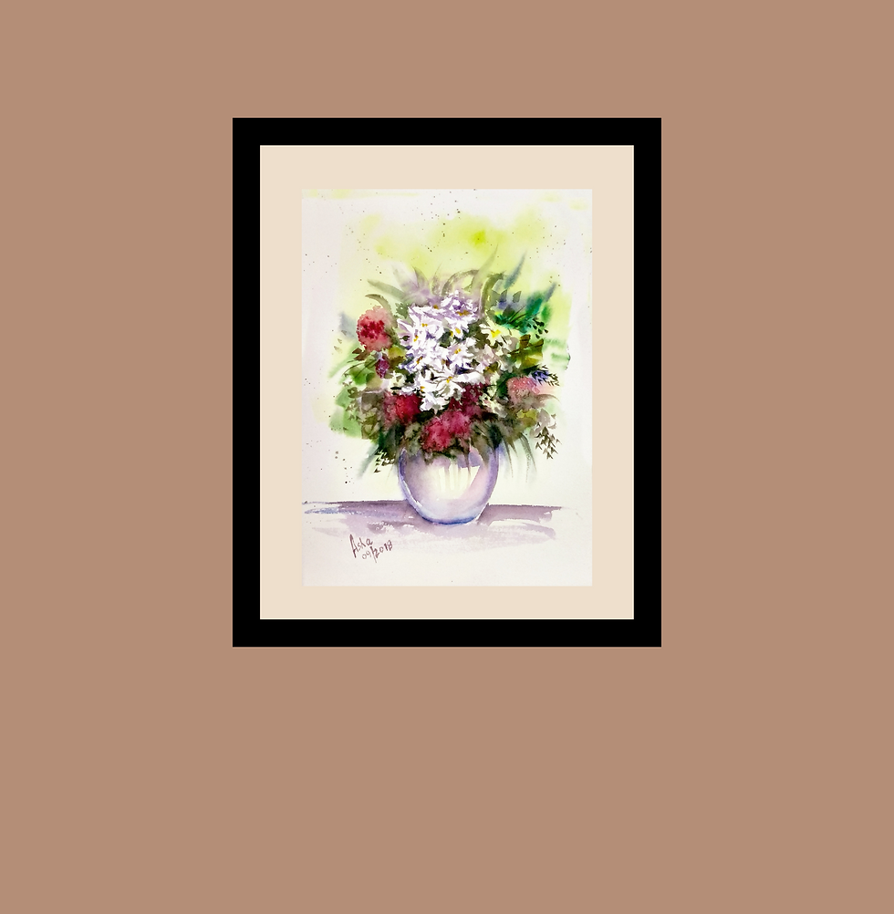Miniature : virtual frame view of Full frontal of  Vase of spring flowers watercolor art