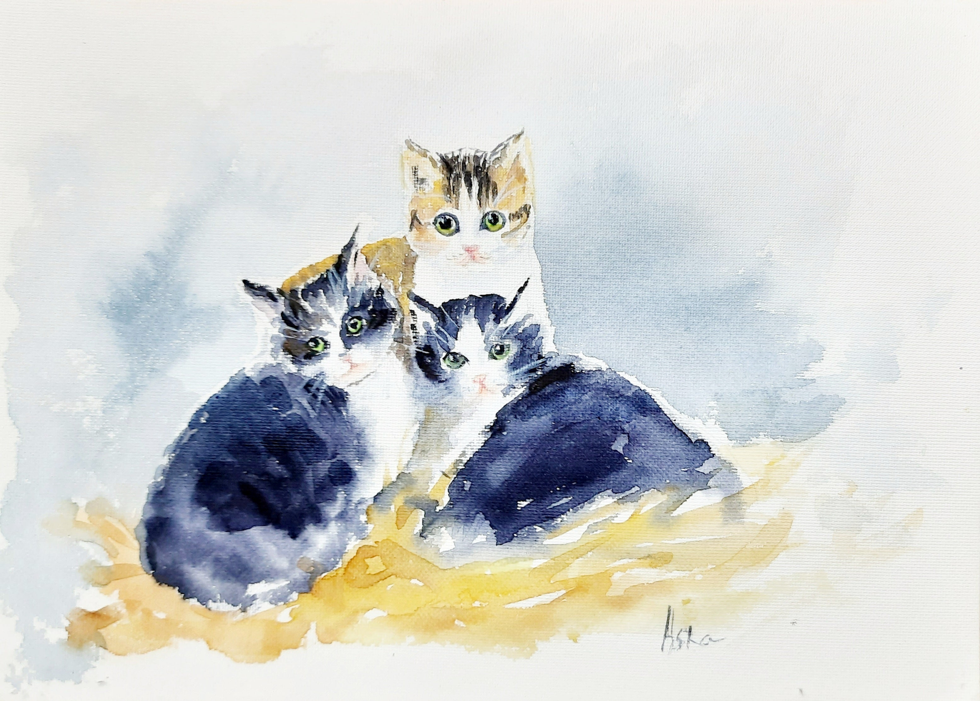 full frontal view of Three little kittens watercolor art