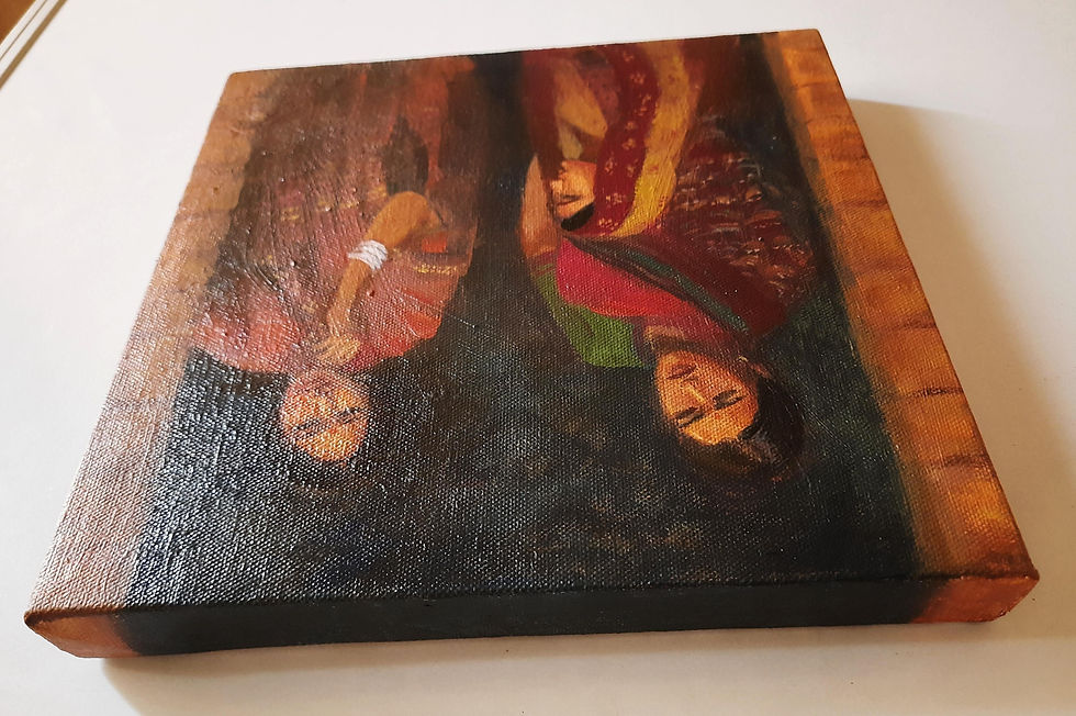 Miniature : second Edge view of canvas painting three rustic Indian women