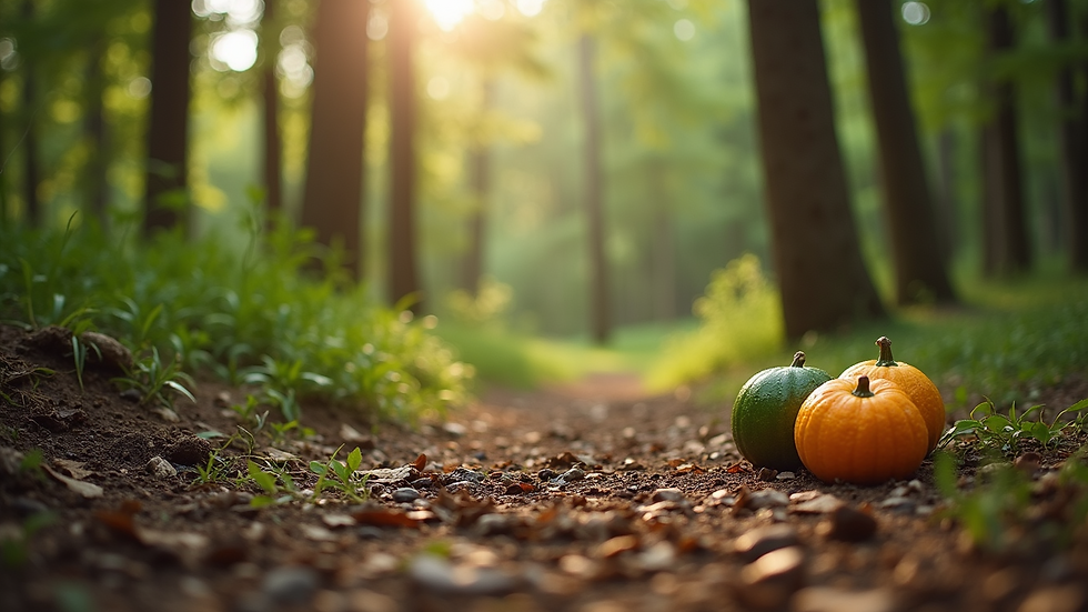 Eye-level view of a woodland clearing with natural play materials