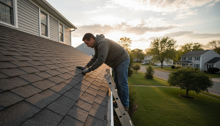 Ground-level view of a licensed roof inspector checking shingles on a Connecticut home