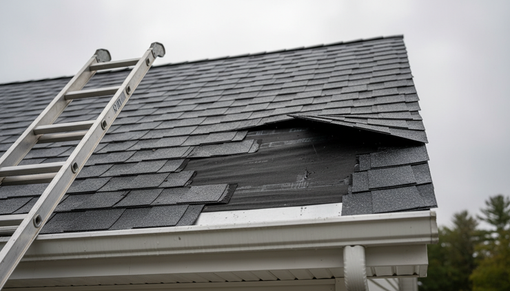 Close-up view of roof shingles and exposed underlayment