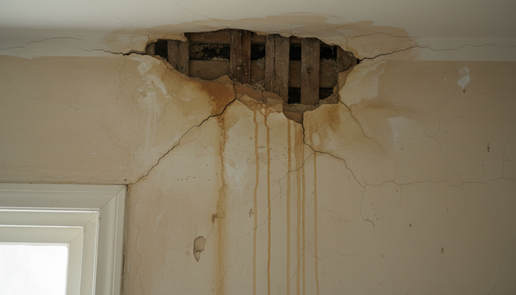 Close-up view of cracked plaster and water staining inside an old home