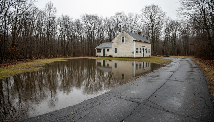 Wide-angle view of rainwater collecting beside a small Connecticut house.