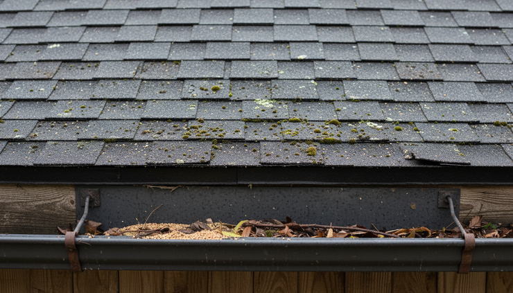 Close-up view of worn asphalt shingles with lifted edges and granules in a gutter