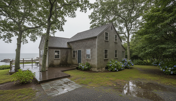Wide-angle view of an older New England home with weathered shingles after a storm