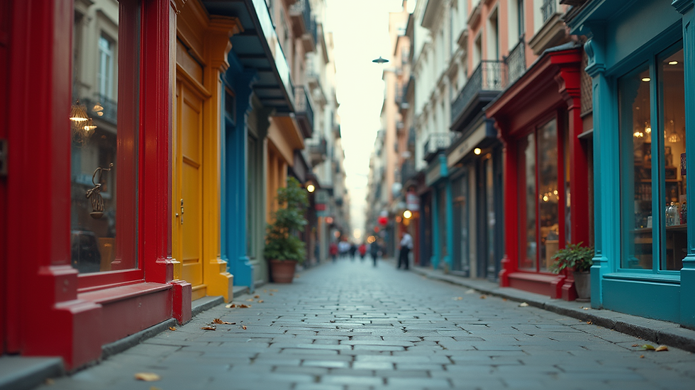 Eye-level view of a vibrant urban street filled with colorful storefronts