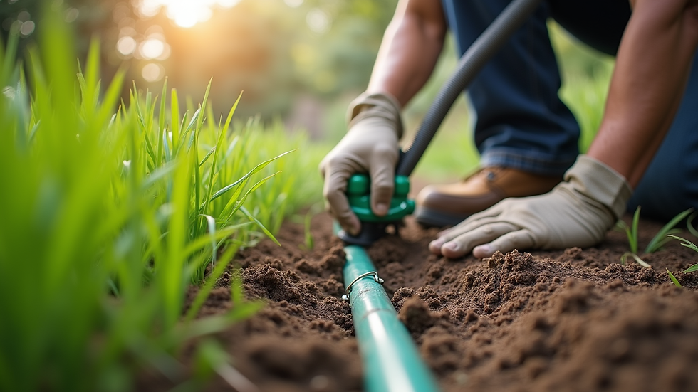 Eye-level view of a sustainable landscaper installing drip irrigation system in a garden