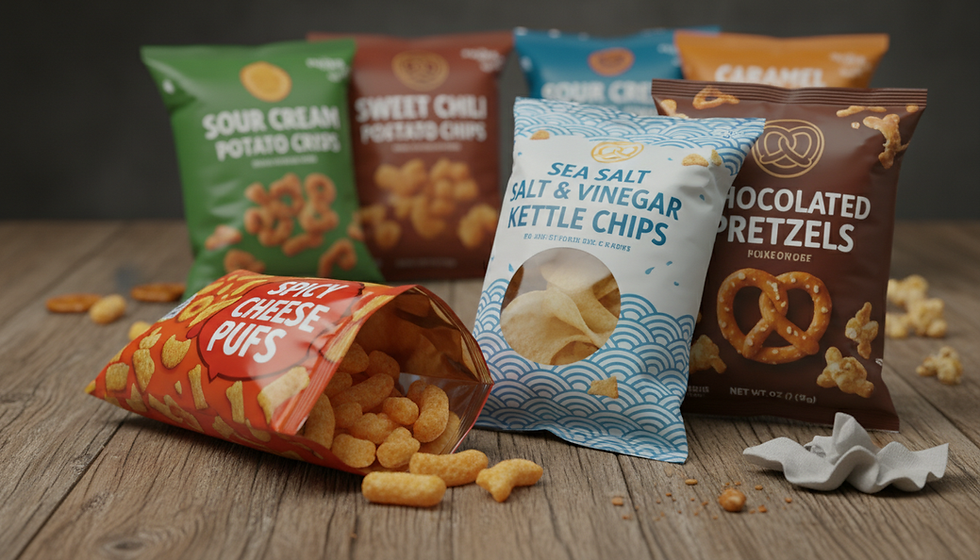 “Commissary snack shelf with chips, pretzels, and packaged snacks.”